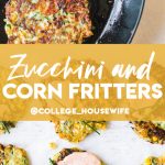 easy zucchini and corn fritters in cast iron skillet and on parchment paper topped with creamy sauce and chives