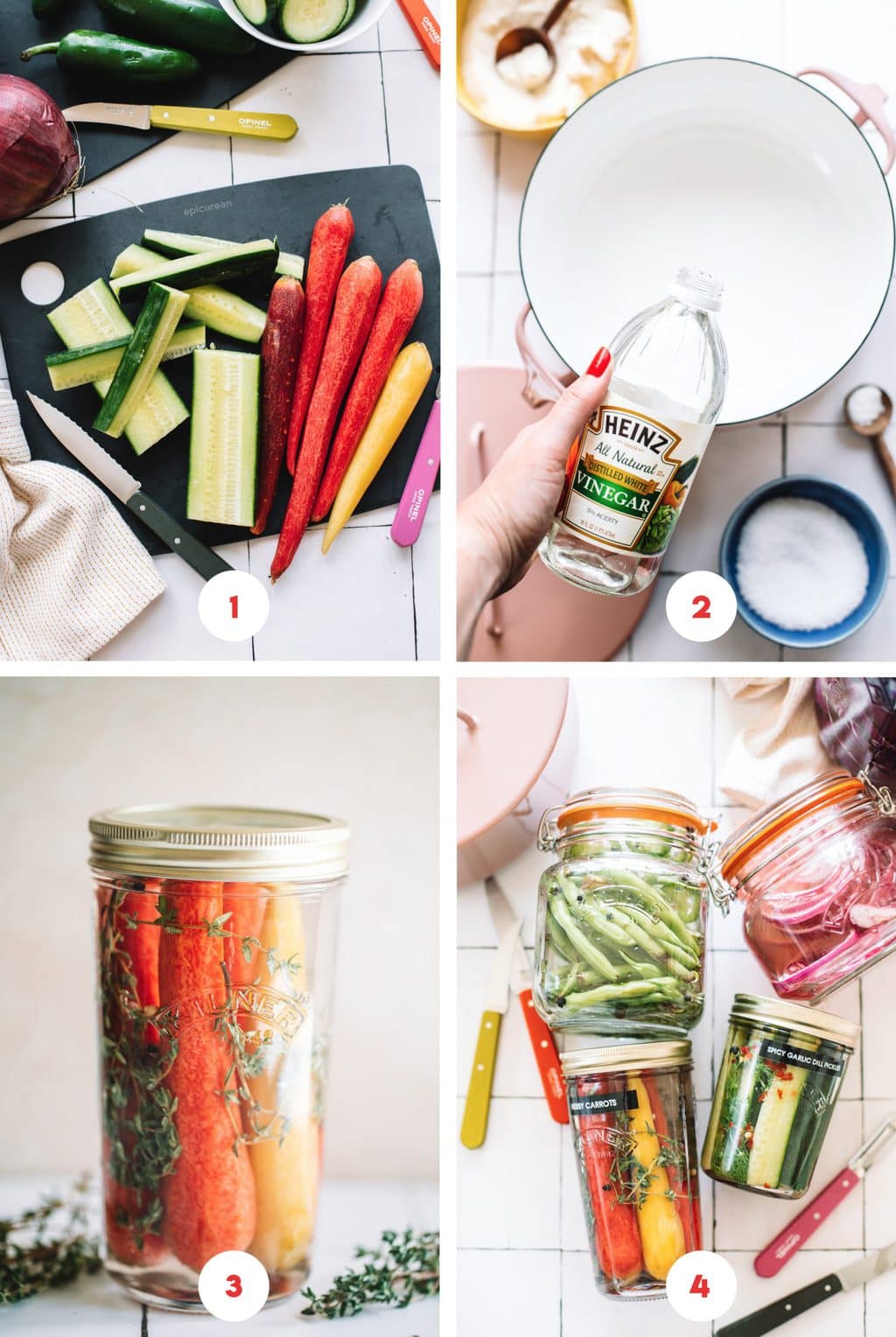 sliced zucchini and carrots on cutting board, pouring vinegar into pot, pickled carrots, pickled green beans and red onions in glass jar