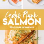 salmon recipe ingredients, glazed salmon fillets with lemon and fresh thyme on white plate and cedar plank