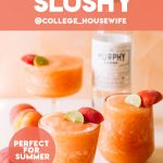 frozen peach strawberry white wine slushies in glasses with peach garnish