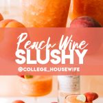 frozen peach strawberry white wine slushies in glasses with peach garnish