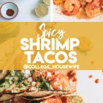 raw shrimp, cooking shrimp in skillet, spicy shrimp tacos on white surface