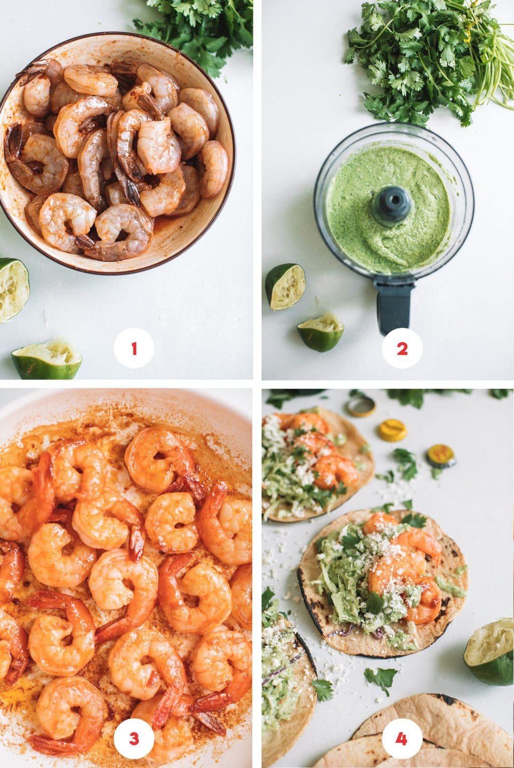 marinating shrimp in bowl, avocado crema in food processor, cooking shrimp in skillet, spicy shrimp tacos with cilantro lime slaw