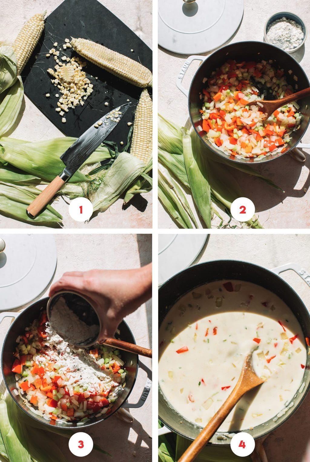 sliced off corn kernels and knife on cutting board, aromatic vegetables in stockpot, adding can of coconut milk to pot, creamy corn soup in pot with wooden spoon