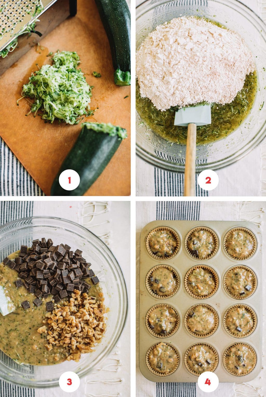 shredded zucchini and box grater, flour mix over wet mix in glass bowl, chocolate chips and walnuts in muffin batter, muffin batter in cupcake pan