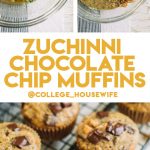 shredded zucchini, chocolate chips, walnuts and muffin batter in glass bowl, zucchini muffins on wire rack