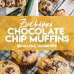 zucchini muffins with chocolate chips in wire rack with fresh zucchini and bite taken out