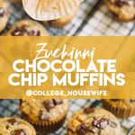 hand holding zucchini muffin with bite taken out, zucchini chocolate chip muffins on wire rack