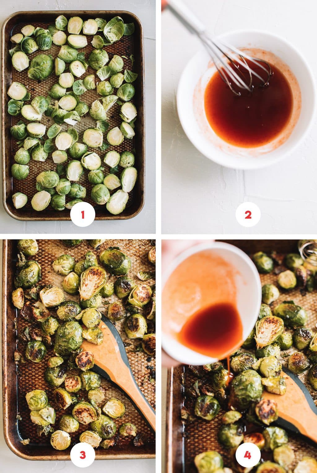 step by step grid photo to make roasted brussels sprouts with honey and sriracha