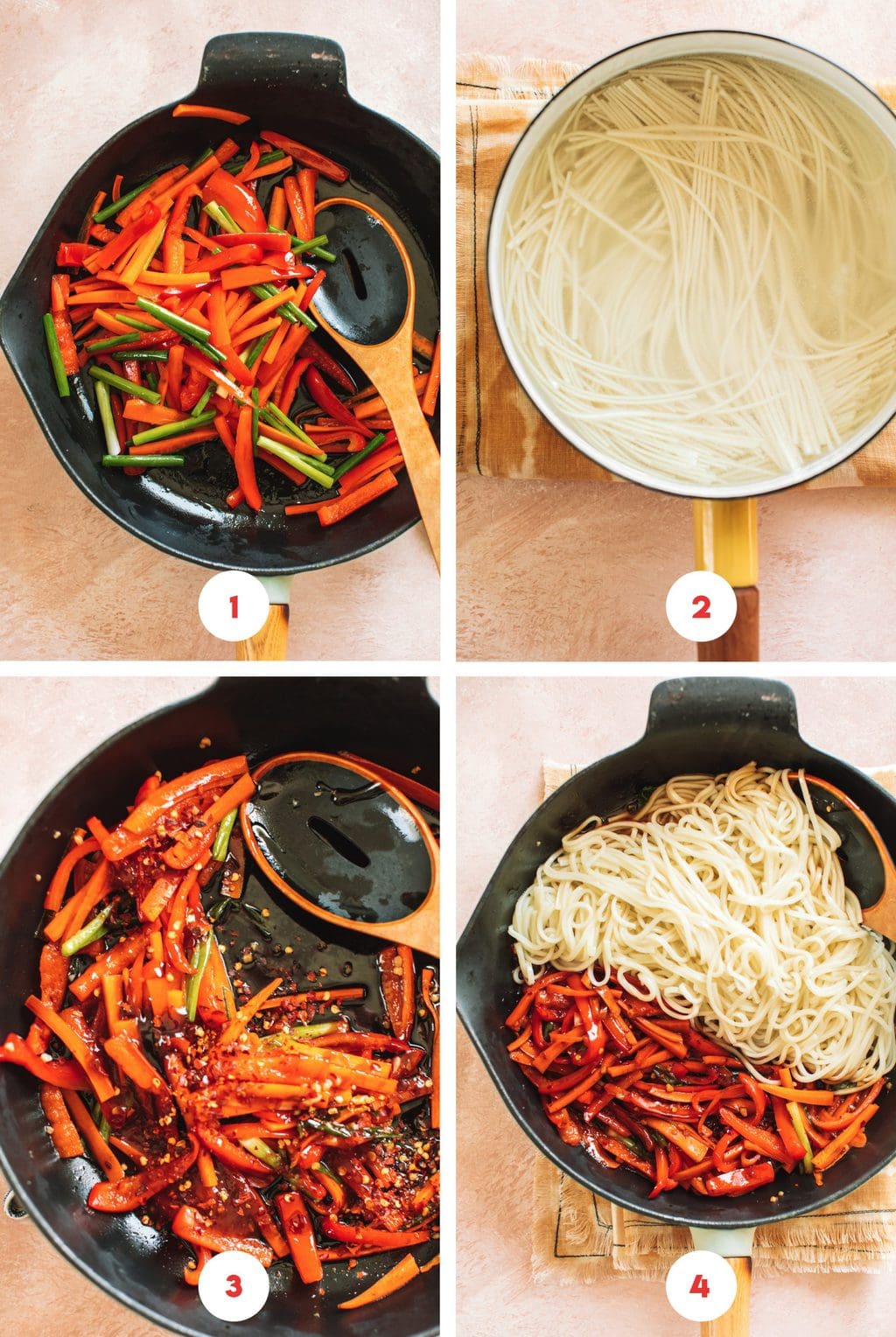 four grid step by step photo for lo mein noodles with chili garlic sauce