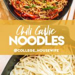 chili garlic noodles recipe in cast iron skillet, lo mean noodles