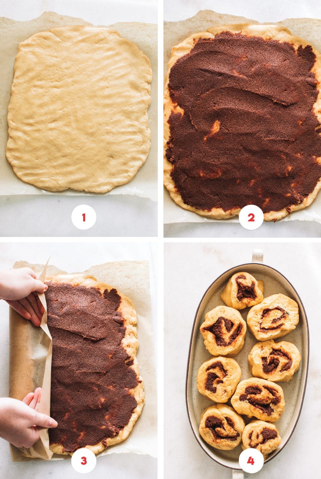 Four by four image with steps to make cinnamon rolls; first image is dough spread out, second image includes cinnamon spread filling, third image illustrates rolling the dough; fourth image shows cinnamon rolls in dish waiting to be baked.