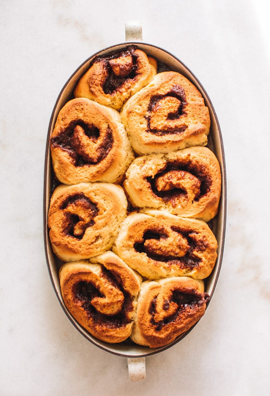 A dish of cinnamon rolls baked with no icing.