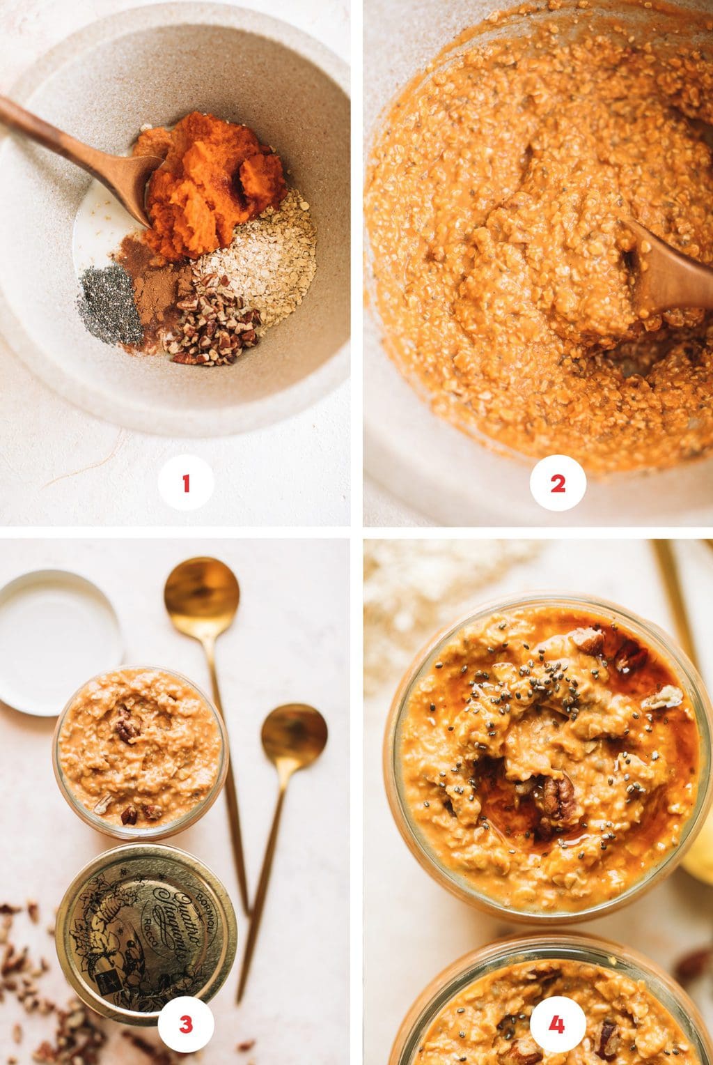 four grid step by step photos of pumpkin overnight oats recipe