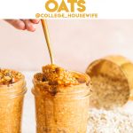 gold spoon dipped in jar of creamy pumpkin overnight oats in glass jar