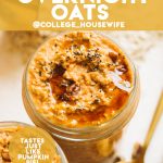 healthy and meal prepped overnight oats with pumpkin topped with maple syrup and pecans