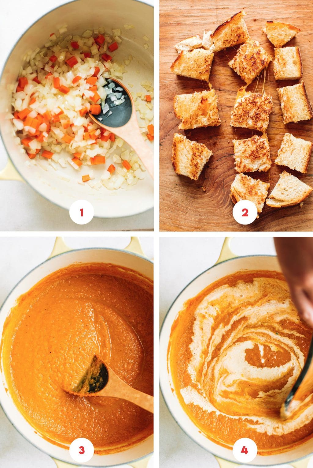 step by step grid photo of making pumpkin soup in Dutch oven and cubed grilled cheese croutons