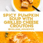 creamy pumpkin soup recipe in white bowl with grilled cheese croutons