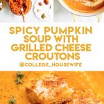 pumpkin soup ingredients, stirring cream into pumpkin soup, vegetable soup topped with grilled cheese croutons