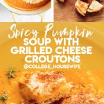 stirring cream into easy pumpkin soup recipe, grilled cheese croutons, pumpkin soup