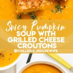 creamy pumpkin soup recipe in white bowl with grilled cheese croutons