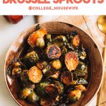 crispy brussels sprouts with sweet and spicy glaze in brown bowl with gold spoon