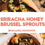 brussels sprouts with honey sriracha glaze on baking sheet and in bowl with gold spoon