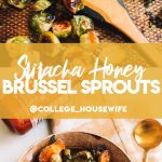 brussels sprouts with honey sriracha glaze on baking sheet and in bowl with gold spoon