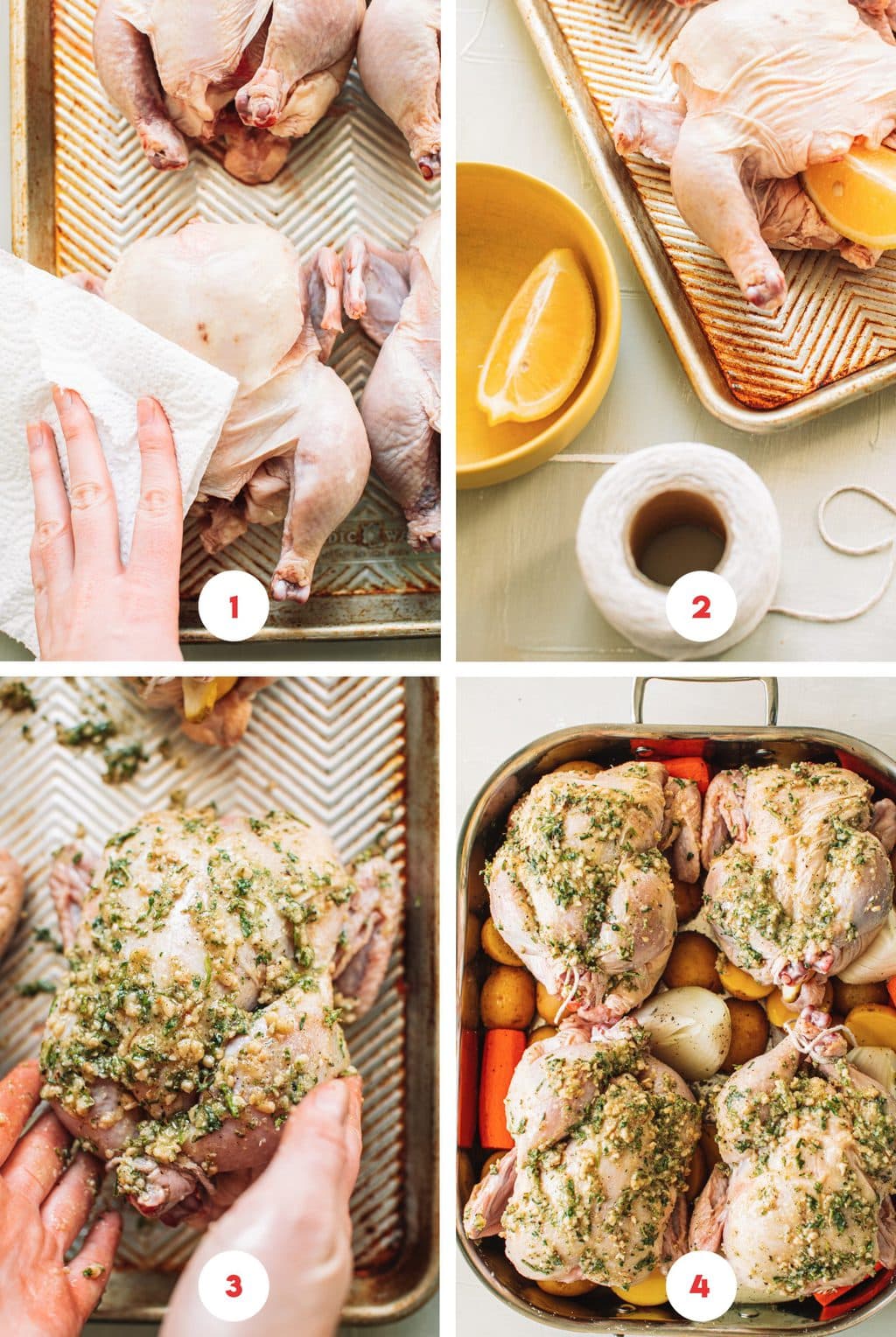 Step-by-step, 4x4 image showing how to dry Cornish hens and coat with herb and butter mixture before baking