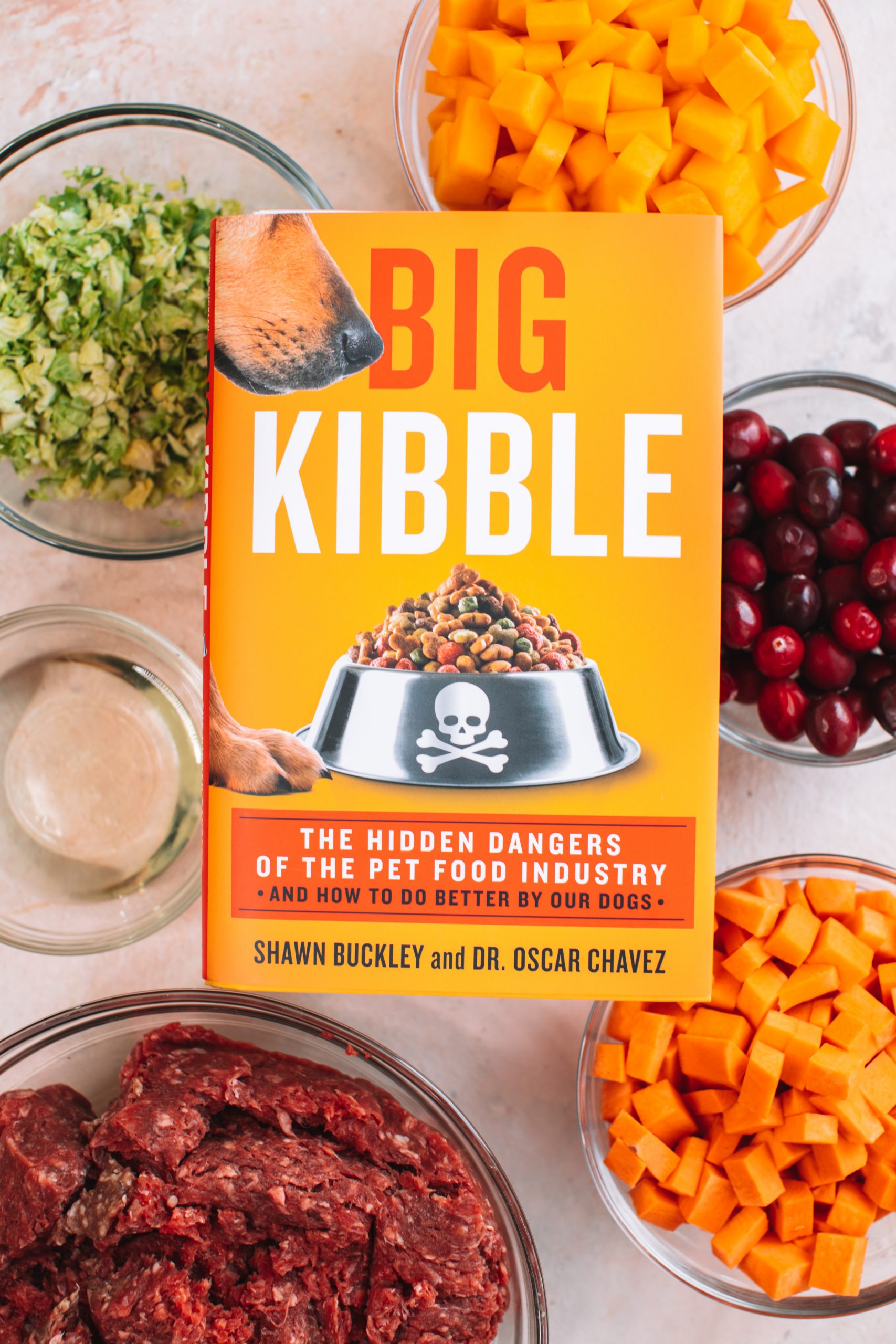 Big Kibble novel with bowls of vegetables underneath