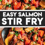 easy salmon stir fry recipe garnished with sesame seeds in skillet