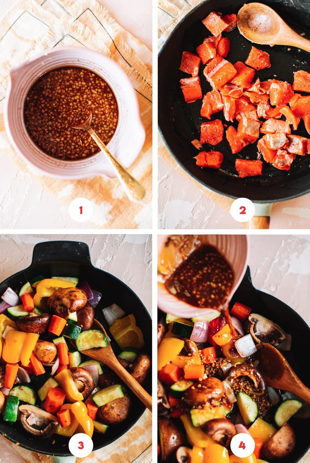 four step grid preparing stir fried salmon in skillet