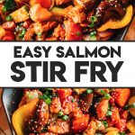 easy salmon stir fry recipe garnished with sesame seeds in skillet