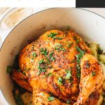 Top shot of whole chicken cooking in large pot on top of vegetables with text overlay.