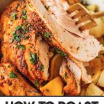 Top shot of whole chicken cooking in large pot on top of vegetables with text overlay.