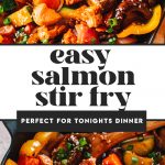 easy salmon stir fry recipe garnished with sesame seeds in skillet