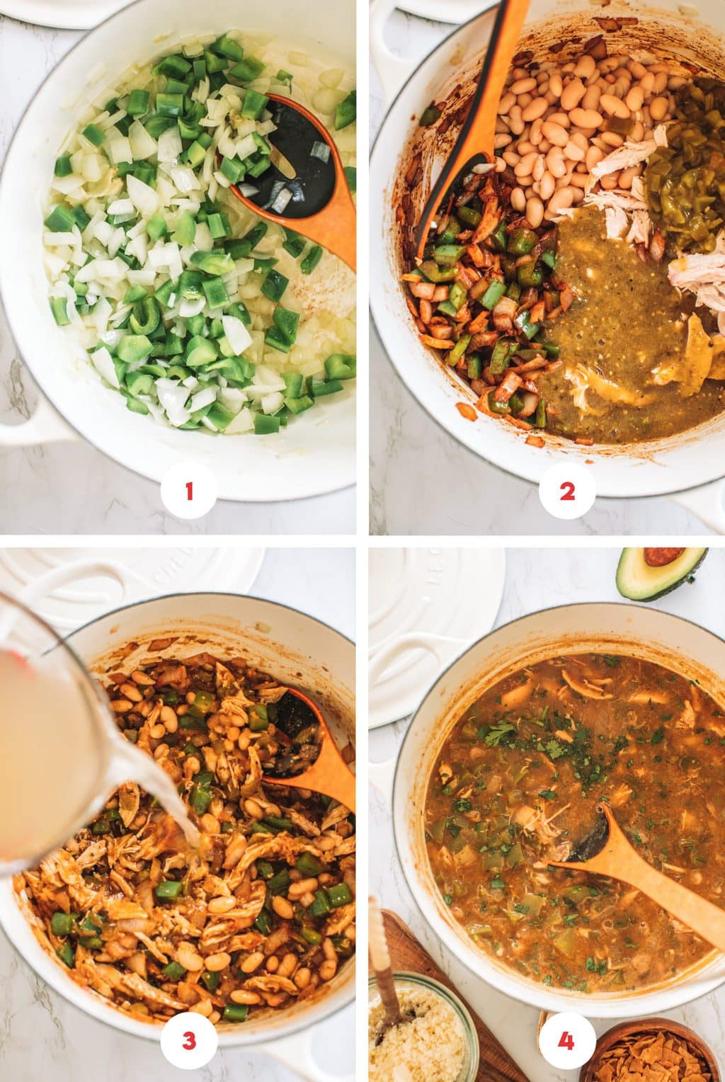 Step by step image on how to make chicken enchilada soup. 