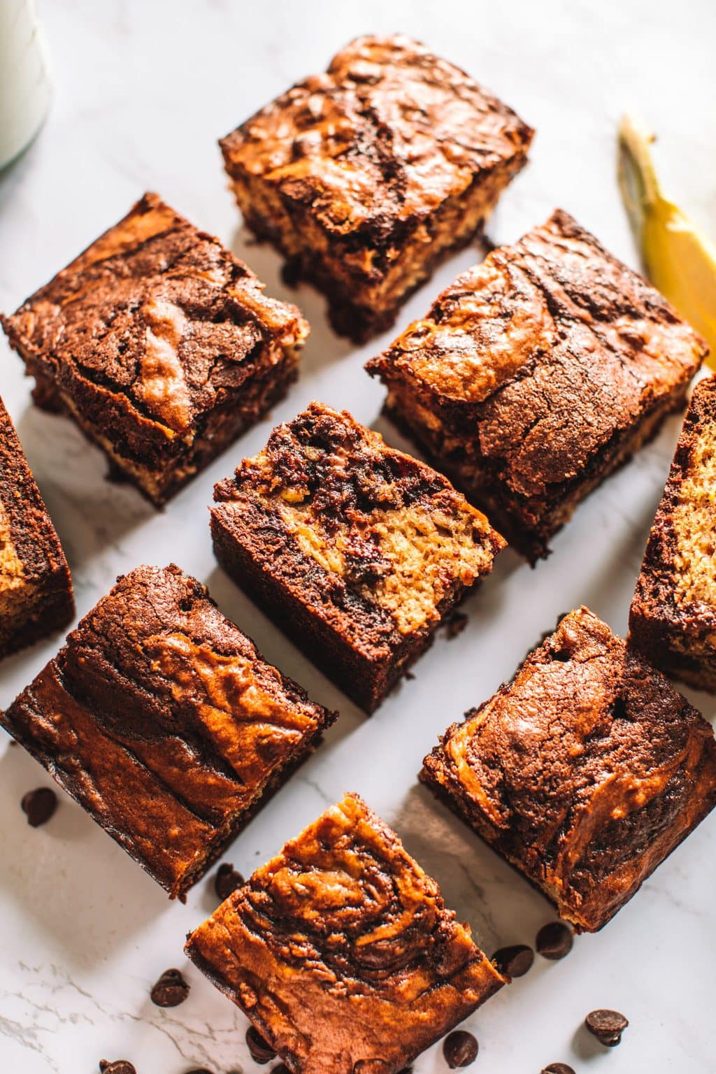 Banana bread brownies sliced into nine squares. 