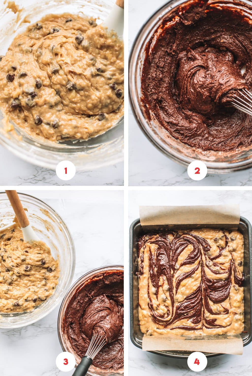 Bowls of banana bread batter, brownie batter, and swirled together in the brownie pan.