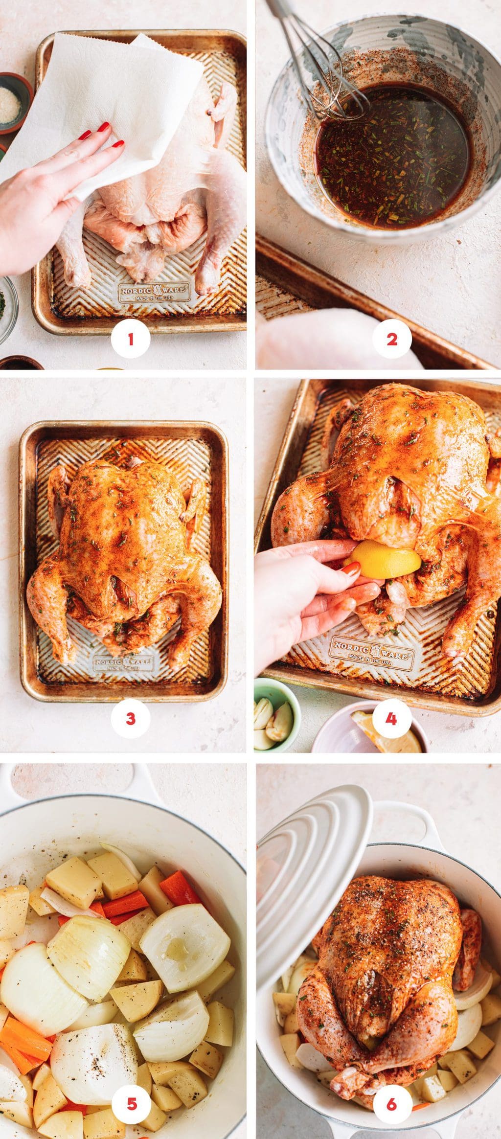 Step by step photos showing how to cook a roast chicken in a Dutch oven.