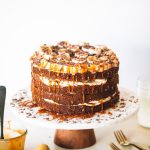 Finished banoffee cake on cake stand.