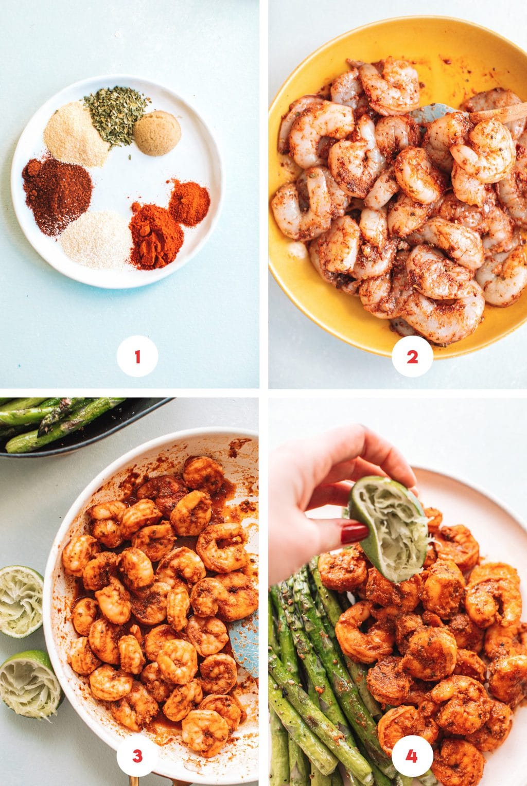 Step by step images showing how to make blackened shrimp.