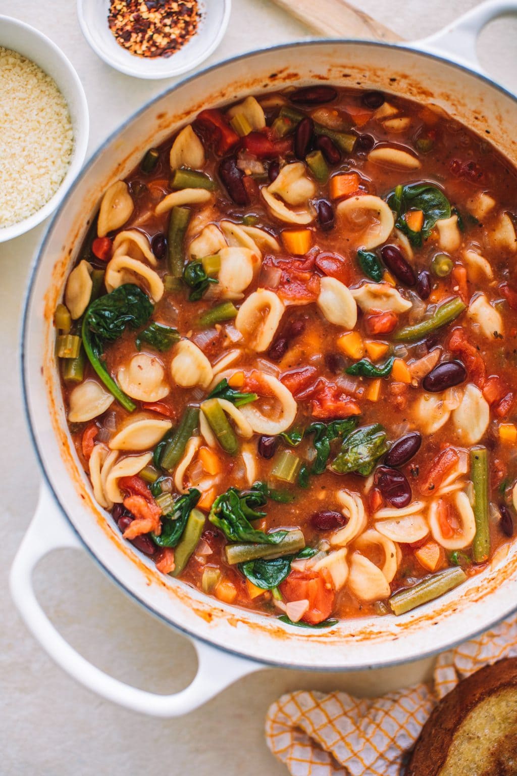 Top shot of Minestrone Soup Olive Garden Style in dutch oven.