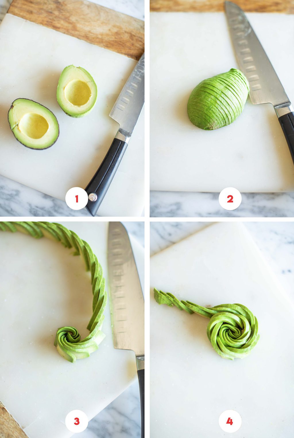 Step by step process on how to make an avocado rose. 