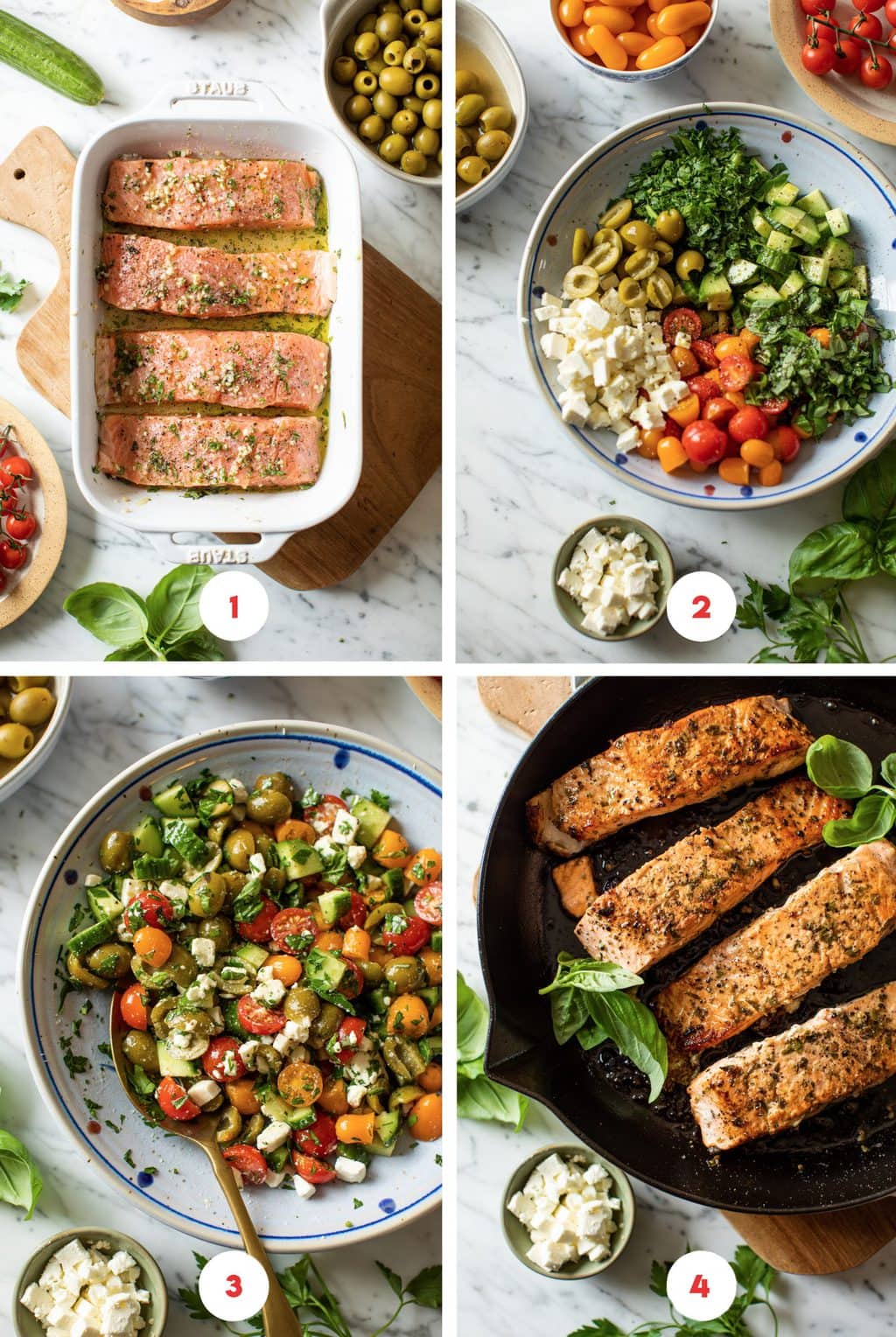 four step grid pan frying Mediterranean salmon in a skillet