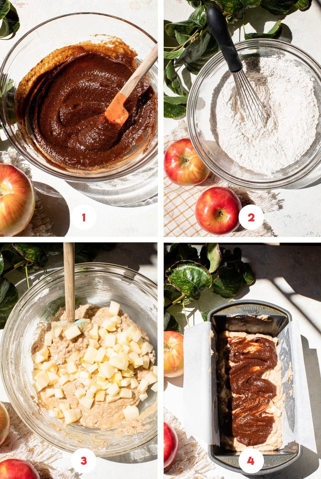 four step grid making apple butter loaf cake