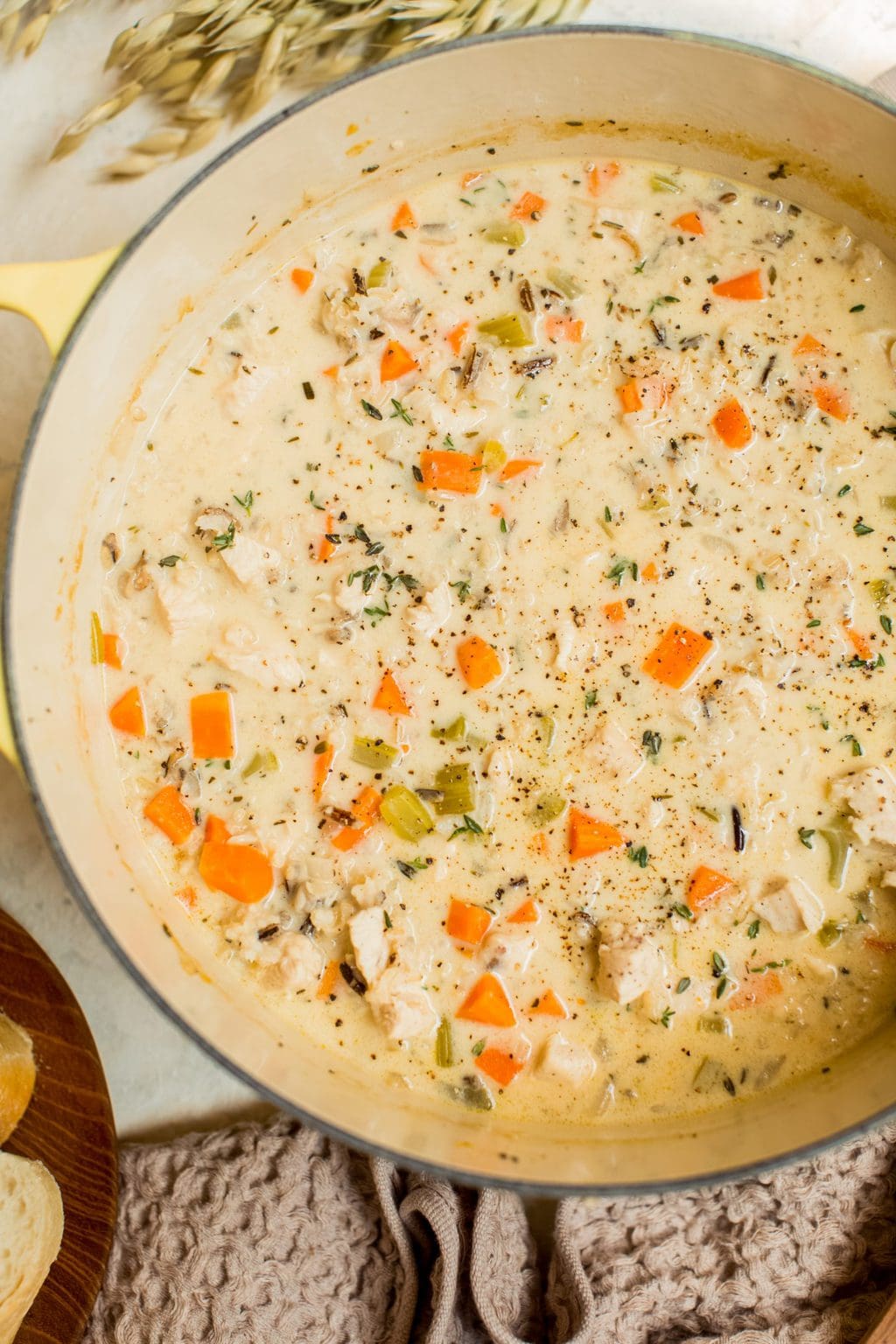 dutch oven filled with creamy chicken and rice soup