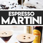 two espresso martinis garnished with three coffee beans each