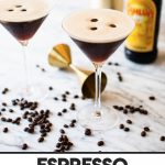 two espresso martinis garnished with three coffee beans each