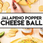 knife dipped in jalapeno cheese ball on platter with crackers